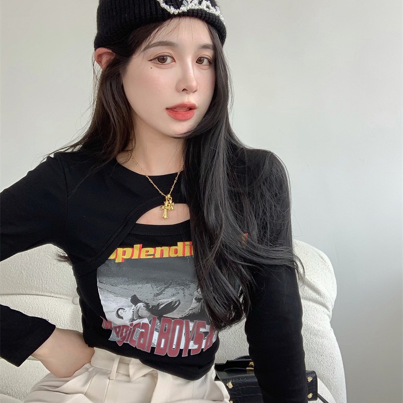 IELGY Áo Thun Lửng Tay Dài In Họa Tiết Thời Trang Dành Cho Nữ