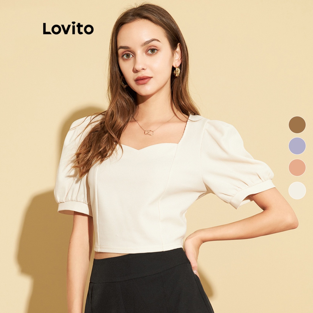 Lovito Áo Thun Trơn Cổ Vuông Có Tay Phồng Thanh Lịch L25Ed068 (Hoa Mai)