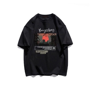 Áo thun POFLORET ngắn tay dáng rộng in hình hoàng hôn oversize