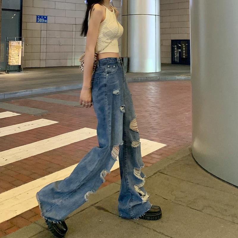 Jiashucheng Quần Jean Ống Rộng Rách Lưng Cao Dáng Suông Cỡ Lớn Retro Cho Nữ