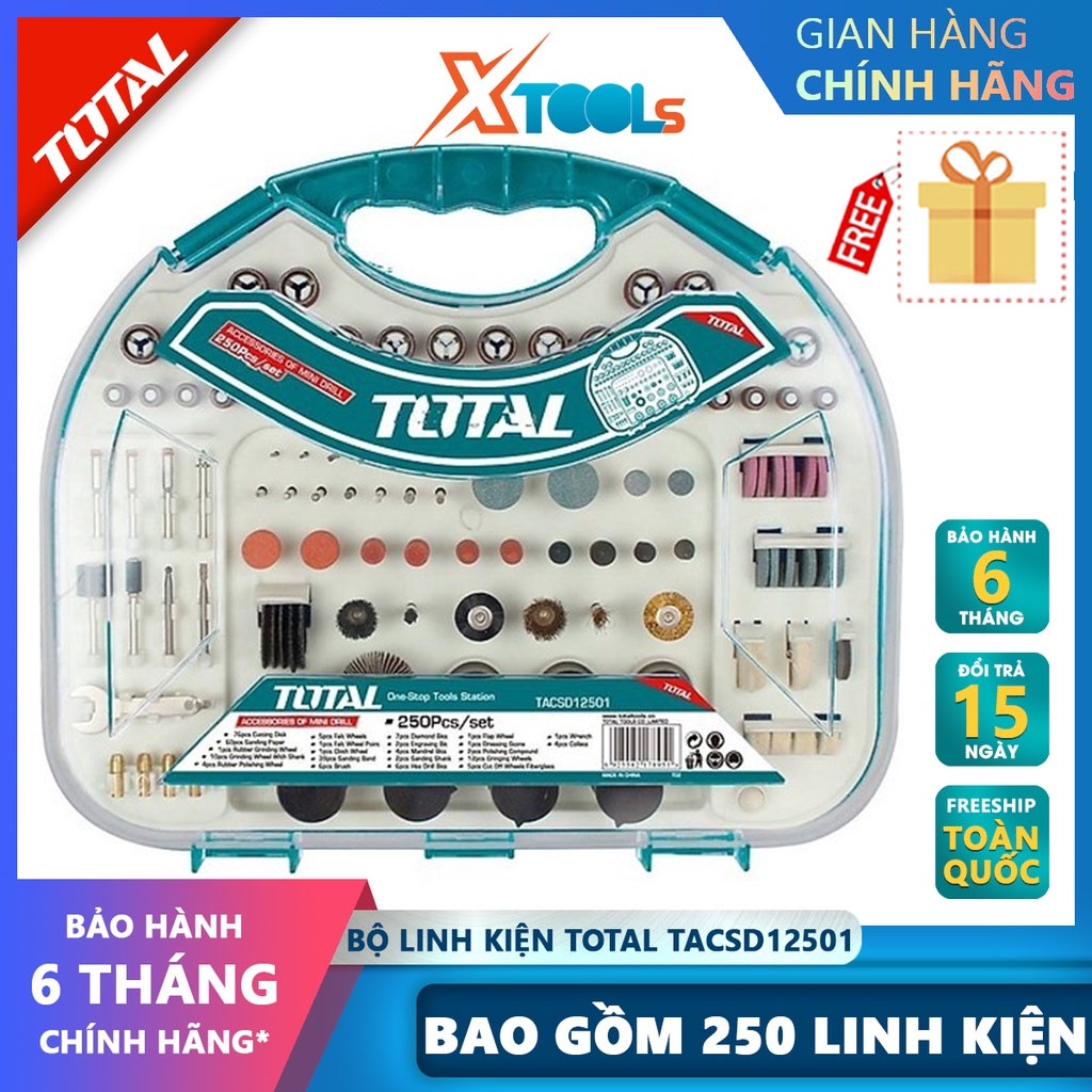 Bộ linh kiện khoan mài mini 250 chi tiết TOTAL TACSD12501 bộ mũi mài khuôn dũa mini Gồm 250 bộ linh kiện khoan mini, 76