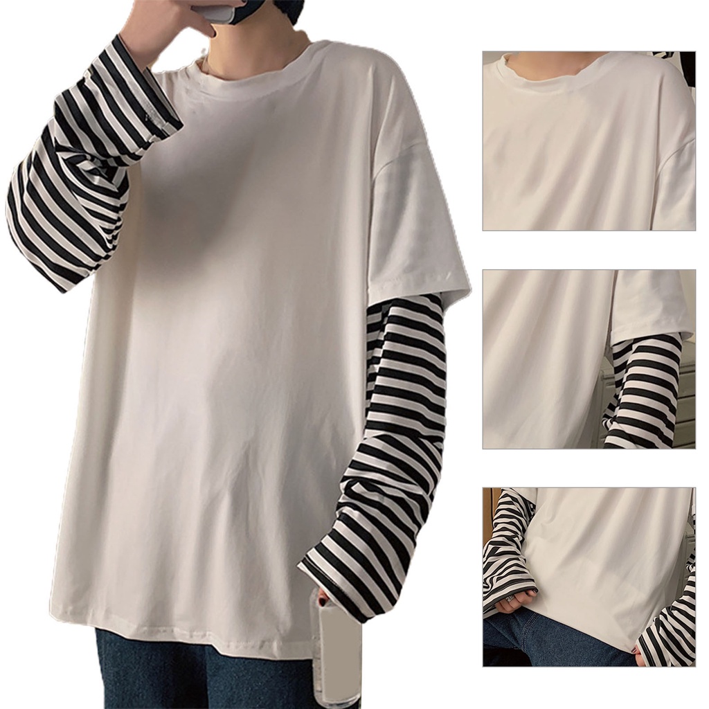 Áo Thun Tay Dài Giả Hai Lớp Họa Tiết Sọc Ngang Thời Trang Dành Cho Nam