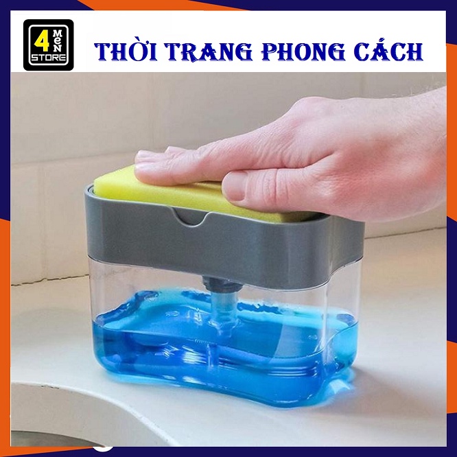 Hộp đựng nước rửa chén, bát có vòi bơm, tạo bọt tiện dụng, kèm miếng rửa chén bọt Biển