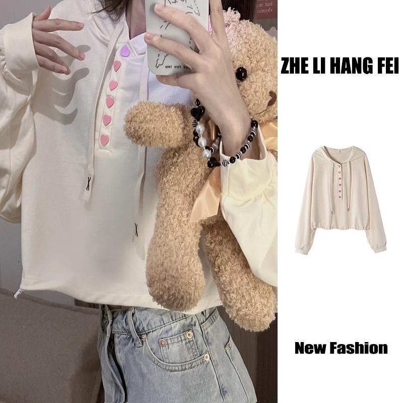 Áo hoodie ZHELIHANGFEI tay dài dáng rộng lưng cao kiểu dáng thời trang