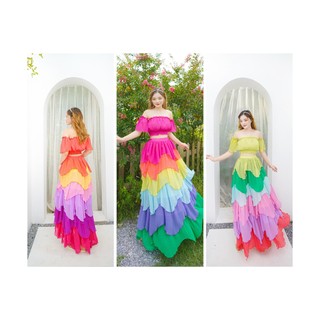Set đầm maxi thiết kế bèo tầng phối màu dập ly