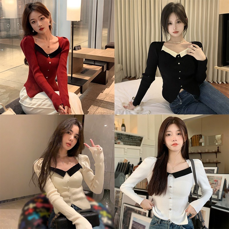 Áo Dệt Kim Nữ Tay Dài Cổ Vuông Gợi Cảm