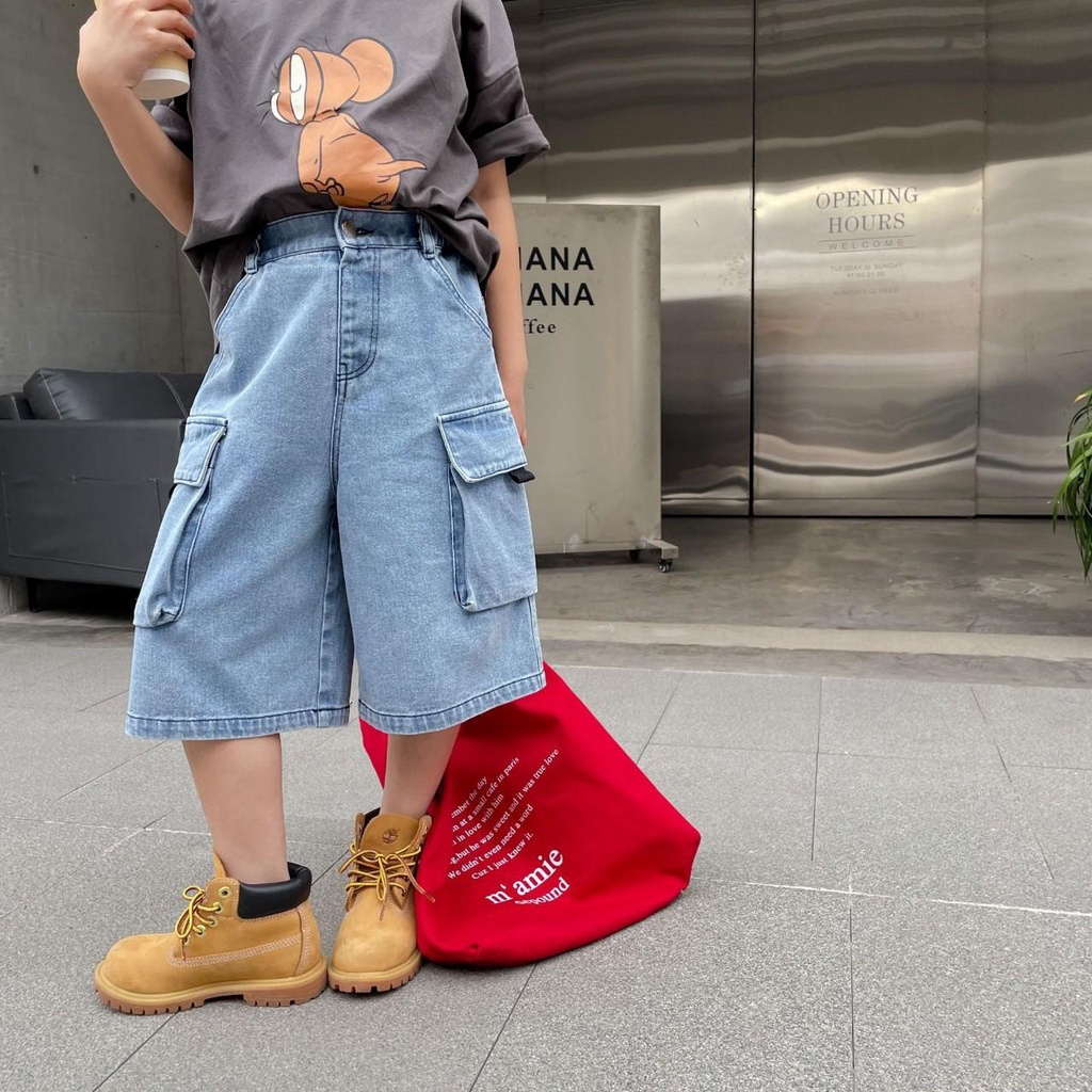 Quần jean short túi hộp unisex cho cả bé trai lẫn bé gái size từ 14-26Kg Shushibaby