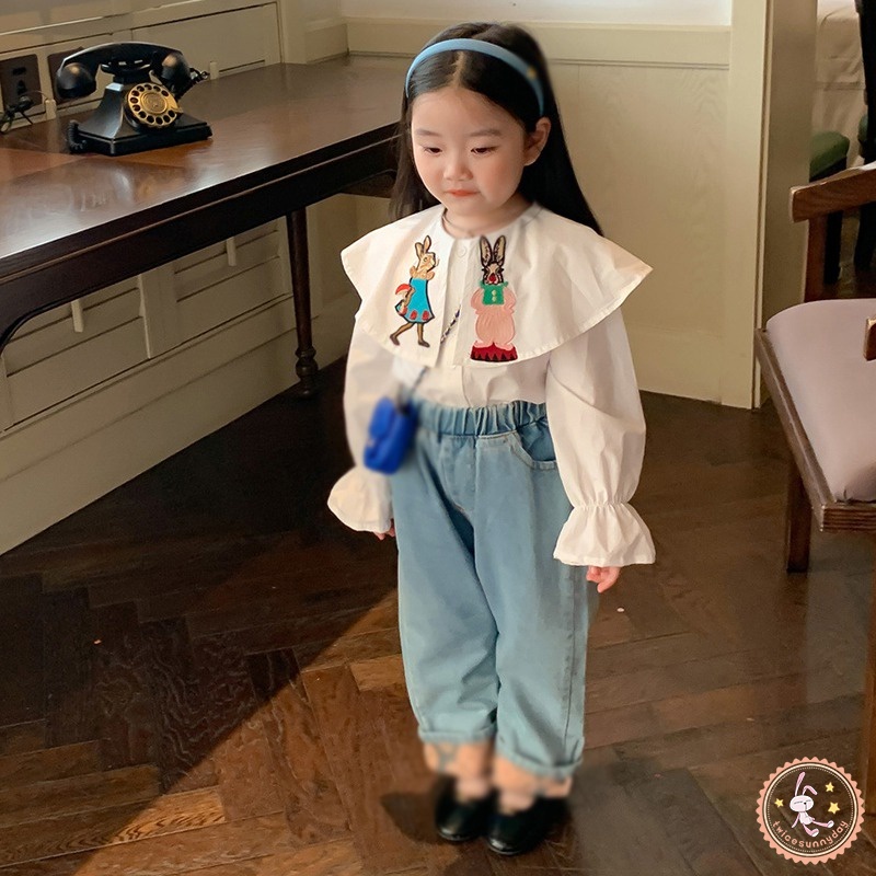 Áo Sơ Mi Tay Dài Cổ Bẻ Thêu Họa Tiết Hoạt Hình Màu Sắc Đơn Giản Thời Trang Cho Nữ