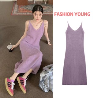 Váy đầm sling đầm len hai dây dáng ôm phong cách thời trang thu đông hàng mới dành cho bạn nữ