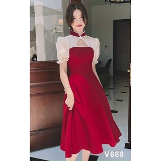 Đầm váy thời trang nữ cổ lọ khoét ngực phối voan tơ