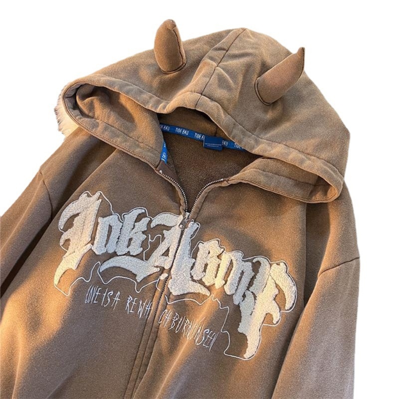 Áo Khoác Hoodie Có Khóa Kéo Dáng Rộng In Chữ Thời Trang Dễ Thương Cho Nữ