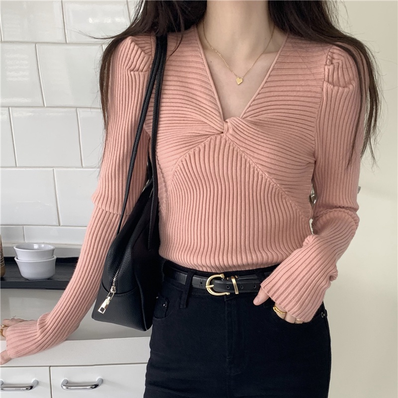 COZOK Áo Dệt Kim Tay Dài Cổ Chữ V Dáng Ôm Thời Trang Cho Nữ