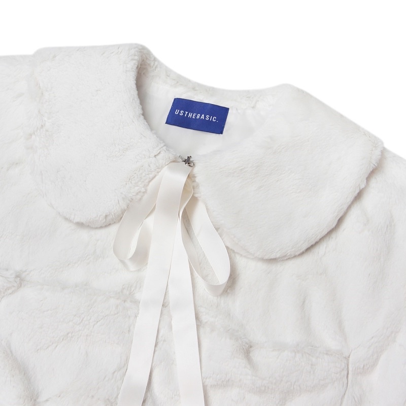 Usthebasic - Bow Tie Flared Collar Fur Cropped Jacket
