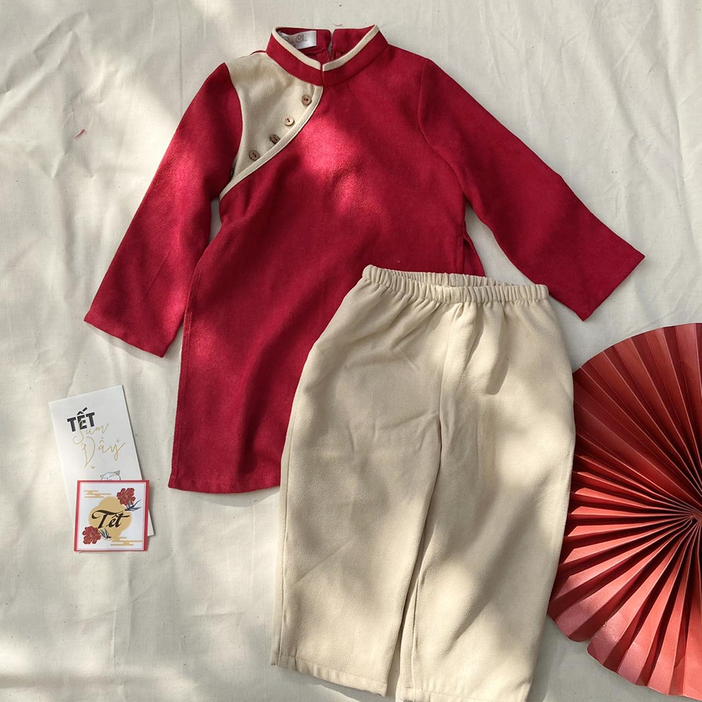 Áo dài Trung Thu bé trai xanh đỏ kèm quần baggy vải nhung mềm mại truyền thống MamLa