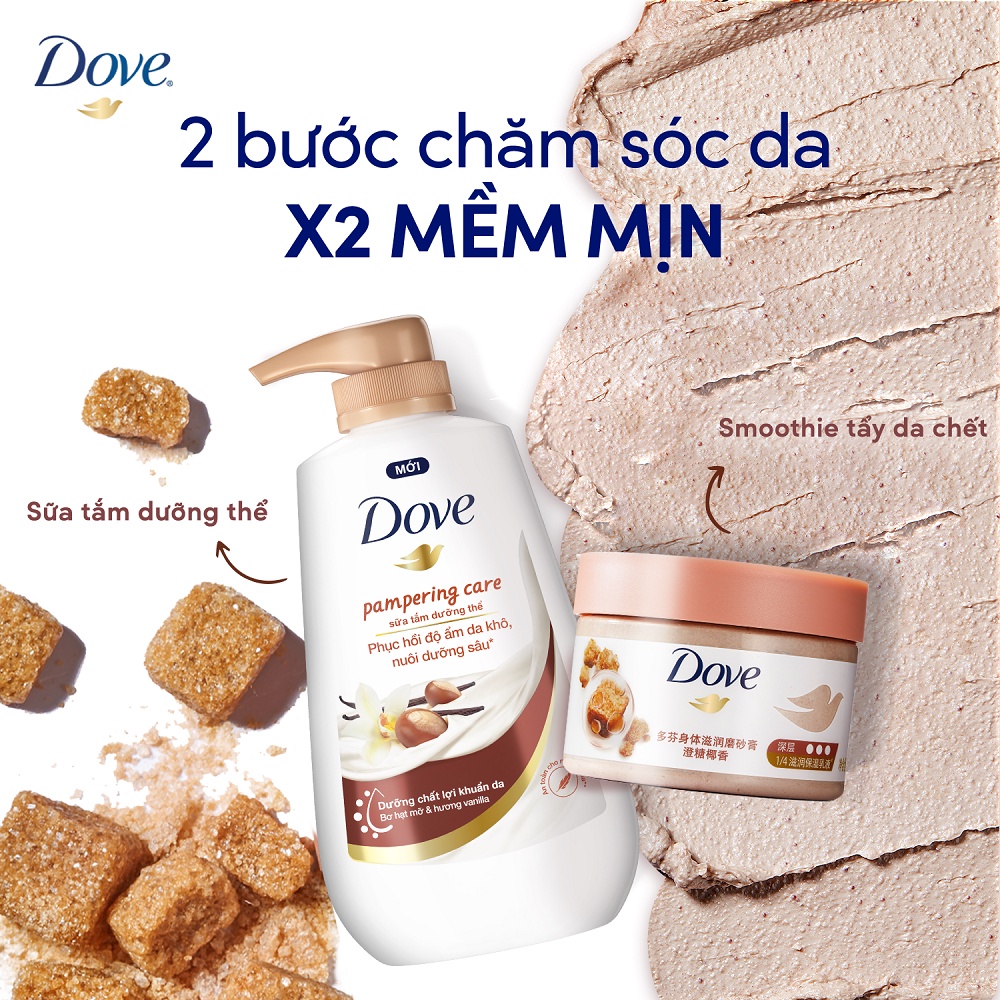 Combo Sữa tắm Dưỡng thể Dove 500g Phục Hồi Da Khô 500g + Tẩy Da Chết Dưỡng Ẩm Toàn Thân Dove Đường Nâu và Hương Dừa 298g