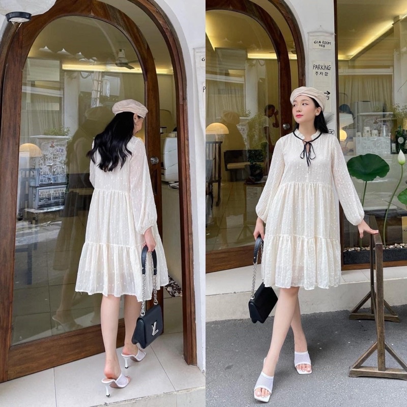 Đầm babydoll ulzzang dài tay Hàn Quốc, Váy nữ bánh bèo tiểu thư dáng suông đẹp –
