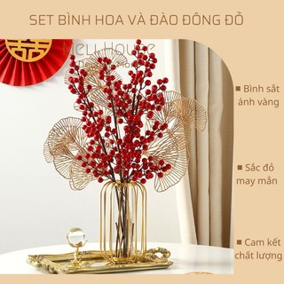 Set bình sắt mạ vàng kèm cành đào đông đỏ tài lộc trang trí nhà cửa