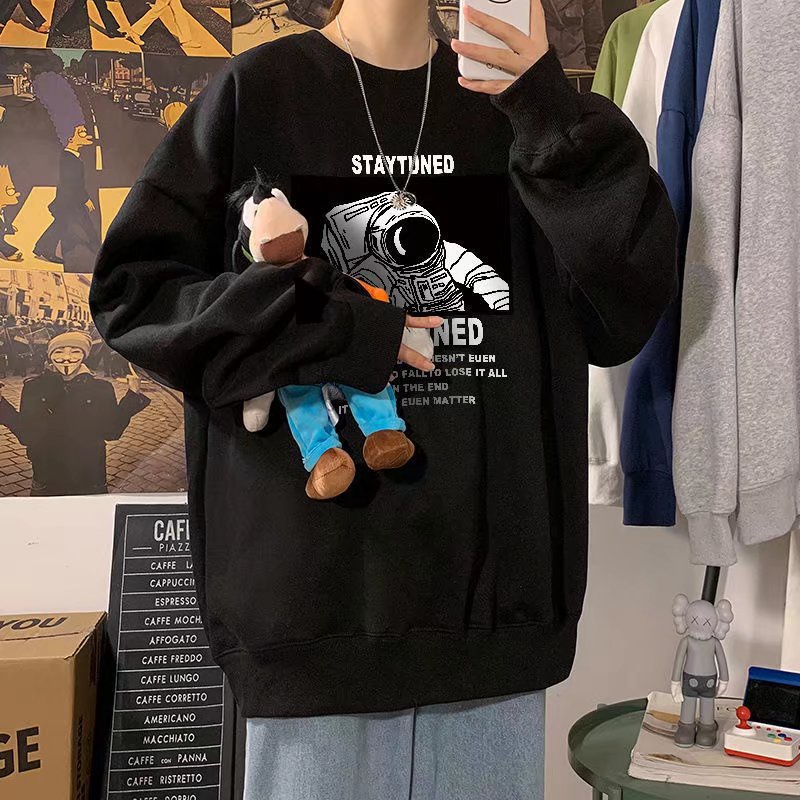 Áo Sweater Chui Đầu Dáng Rộng Tay Dài Cổ Tròn In Hình Phi Hành Gia Truyện Tranh Thời Trang Mùa Thu Cho Nam Sinh Size M-8XL