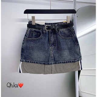 Chân váy jeans gập gấu kèm đai hàng QCL1