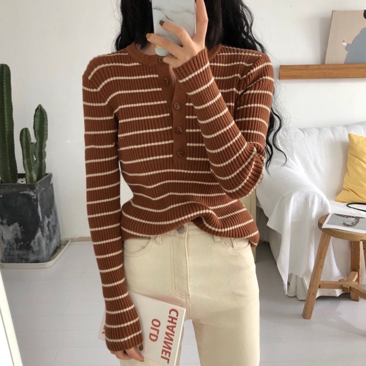 Áo sweater SUXI dệt kim tay dài cổ tròn dáng ôm kẻ sọc ngang phong cách Hàn Quốc cho nữ