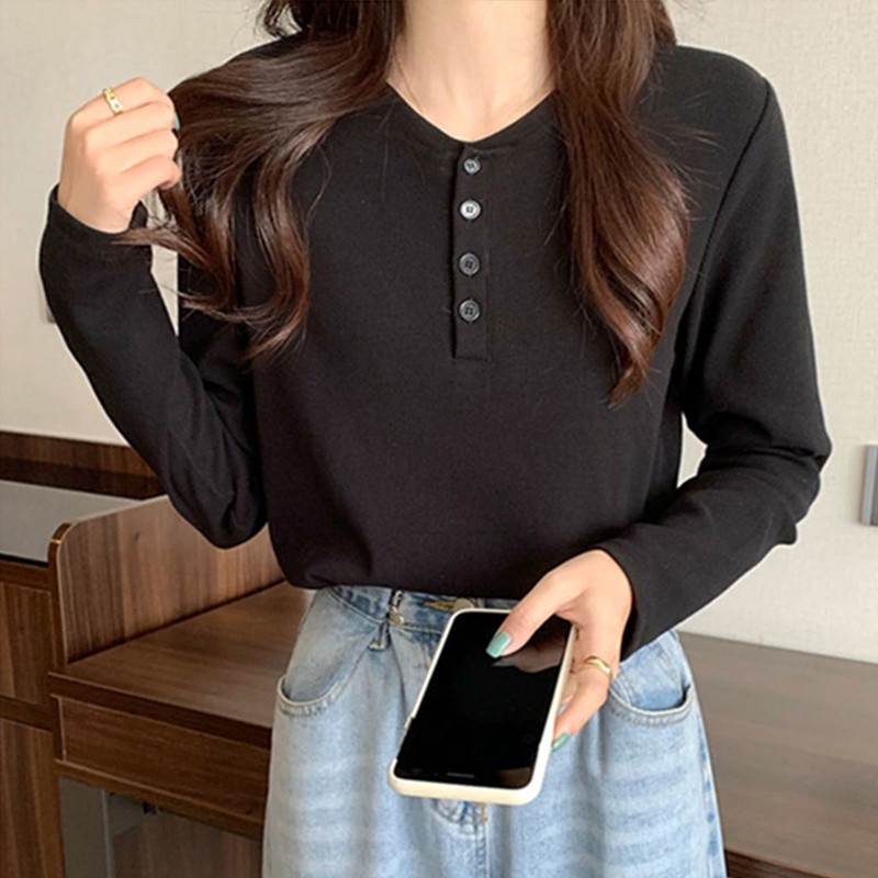 Áo Tay Dài Dày ấm Áp Nữ Có Nút Màu Trơn Co Dãn Phong Cách Hàn Quốc 2 Màu, Áo Dáng Ôm