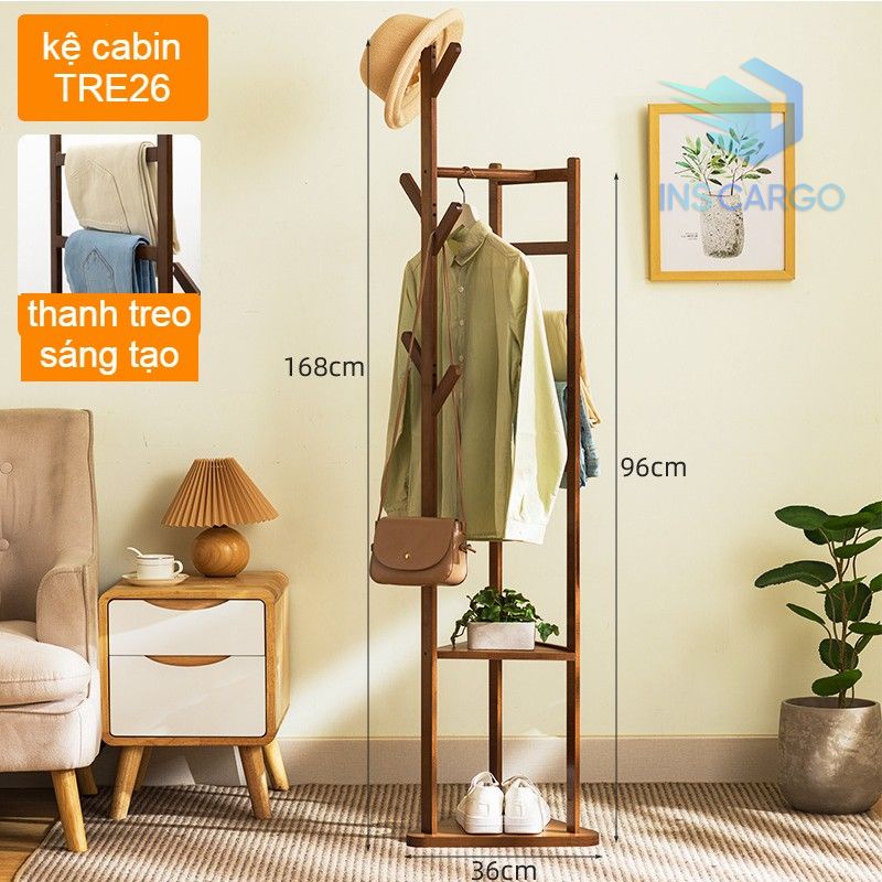 Giá treo quần áo INS bằng gỗ hình Cabin nhập khẩu, giá treo đồ hình cây lắp ráp kiểu Hàn Quốc