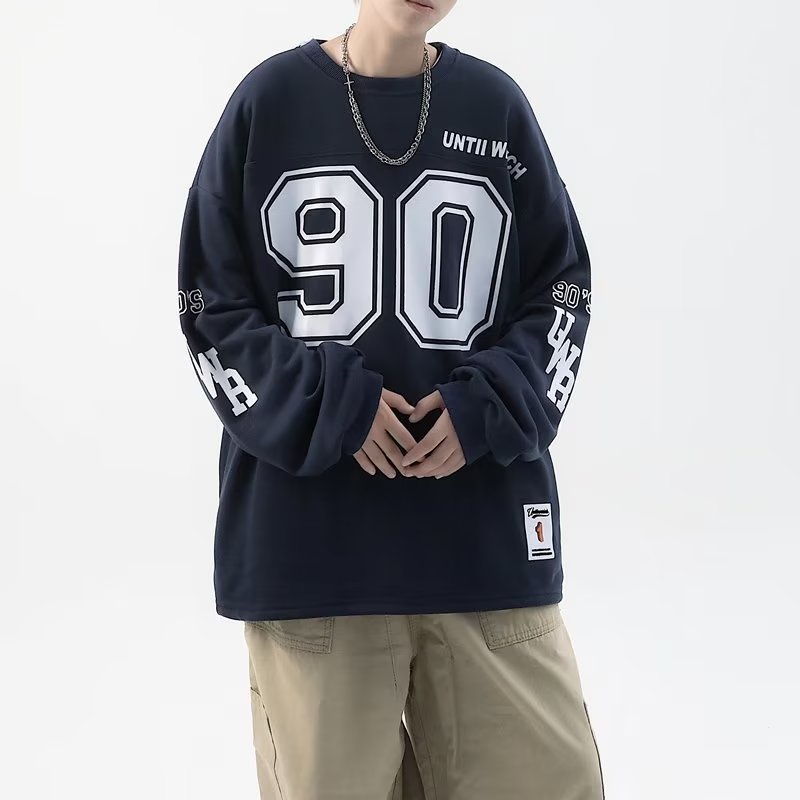 Áo Thun Tay Dài Chui Đầu Dáng Rộng In Hình Khúc Côn Cầu 90 Hockey Jersey Phong Cách Retro Đường Phố Mỹ