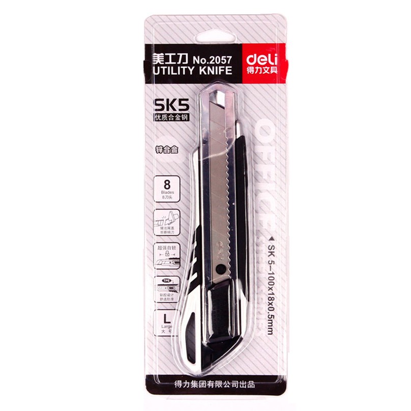 Dao rọc giấy Deli 2057 có đệm cao su mềm, loại 8 lưỡi tách rời màu bạc - sử dụng lưỡi thay 2011