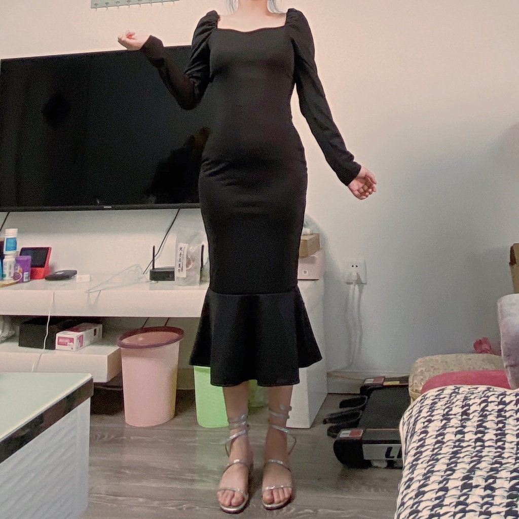 Đầm Cổ Vuông Thiết Kế Mới Thời Trang Theo Phong Cách Pháp 2022✨✨Đầm Đuôi Cá Tay Dài Phồng Màu Đen Phong Cách Hepburn