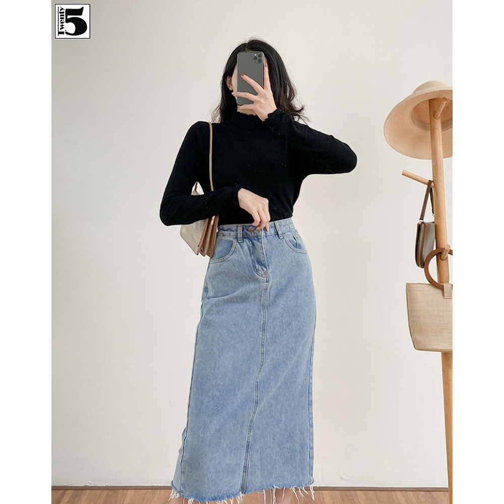 Chân váy jeans midi dáng dài gấu cắt tua rua xẻ sau phong cách Hàn Quốc Twentyfive 4109