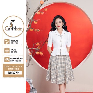 Đầm công sở CITI MODE FASHION thiết kế peplum trắng phối chân váy kẻ DH3779