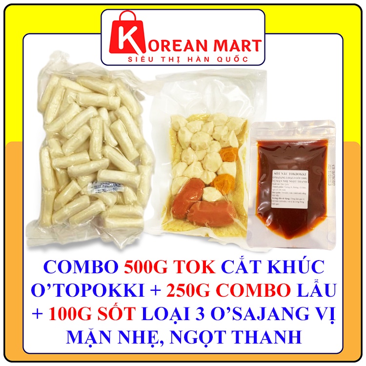 Combo 500g bánh gạo cắt khúc gói trắng + 250g combo gồm xúc cich, chả cá, cá viên + 100g sốt nấu tokbokki