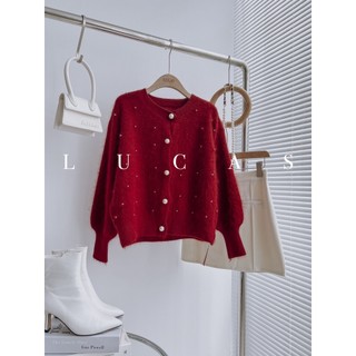 Áo cardigan sister đỏ cổ tròn tay dài họa tiết đính ngọc