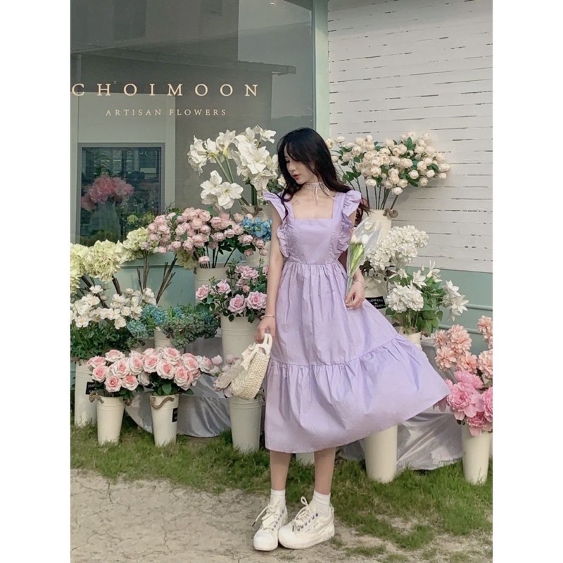 Đầm Hở Lưng Cột Nơ Sau Màu Tím Pastel Nhẹ Nhàng Dễ Thương