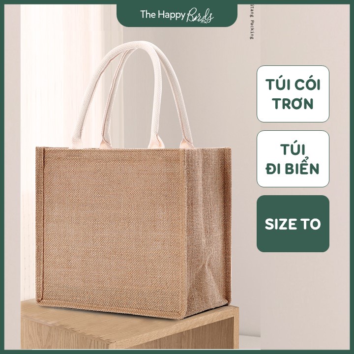 Túi cói trơn form cứng vintage đi bơi đi học đi làm đa năng đựng quần áo đồ dùng cá nhân nhiều size DIY HappyBirds