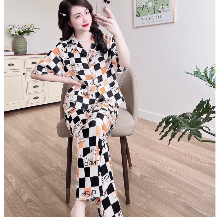 Bộ Nữ Pijama SOJJUN Đồ Mặc Nhà Quần Dài Tay Ngắn Lụa Xước Tô Châu Cao Cấp 40-62kg