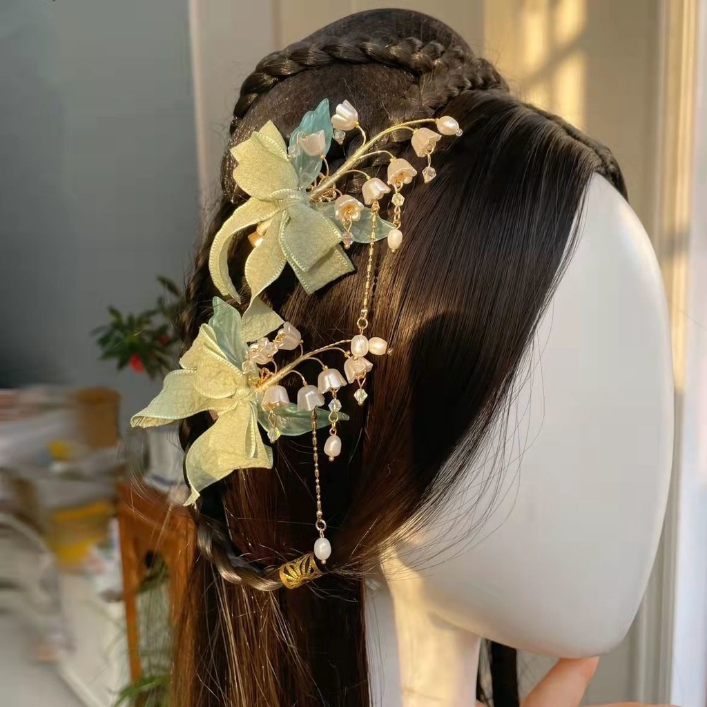 Trâm Cài Tóc Hình Nơ Màu Xanh Lá Phong Cách mori Cổ Điển