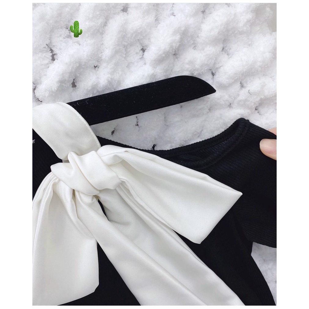 Đầm body tay dài hở 1 bên vai viền nơ trắng tiểu thư cực sang