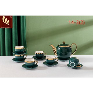 Bộ ấm trà + 6 chén sứ viền vàng kèm đĩa kê màu xanh cổ vịt cao cấp sang trọng