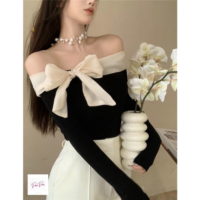 Áo kiểu bẹt vai viền voan nơ ngực tay dài cực hot , chất thun bozip dày dặn mềm mát