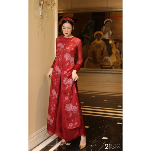Sét Áo Dài Tứ Thân Màu Đỏ Hoa Mẫu Đơn, Cổ Tròn Chất Tơ Organza, Áo Dài Truyền Thống Xẻ Tà