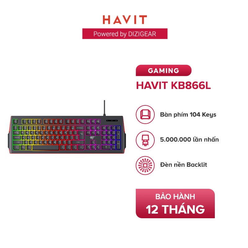 Bàn Phím Gaming HAVIT KB866L, 104 Phím, Led Backlit Rainbow, Thiết Kế Công Thái Học - Chính Hãng BH 12 Tháng Dizigear