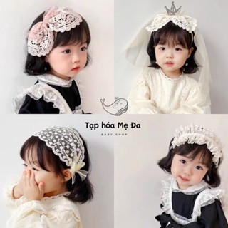 Băng đô turban ren nơ hoa/bờm cài tóc đính vương miện công chúa phong cách tiểu thư Lolita siêu xinh cho bé gái