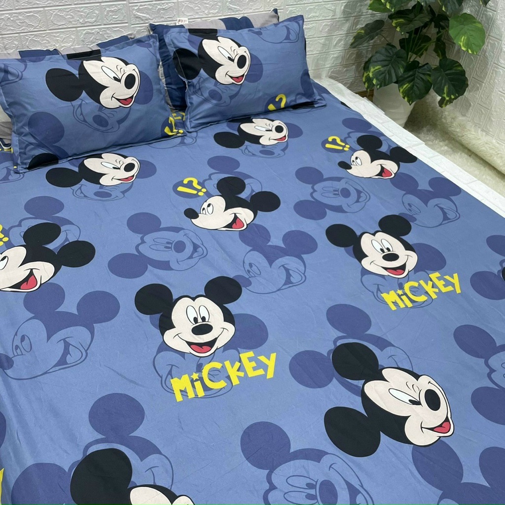 Bộ ga gối 3 món ga chun ga bọc đệm 1m2 1m4 1m5 1m6 kèm 2 áo gối mẫu mickey xanh - drapbeding