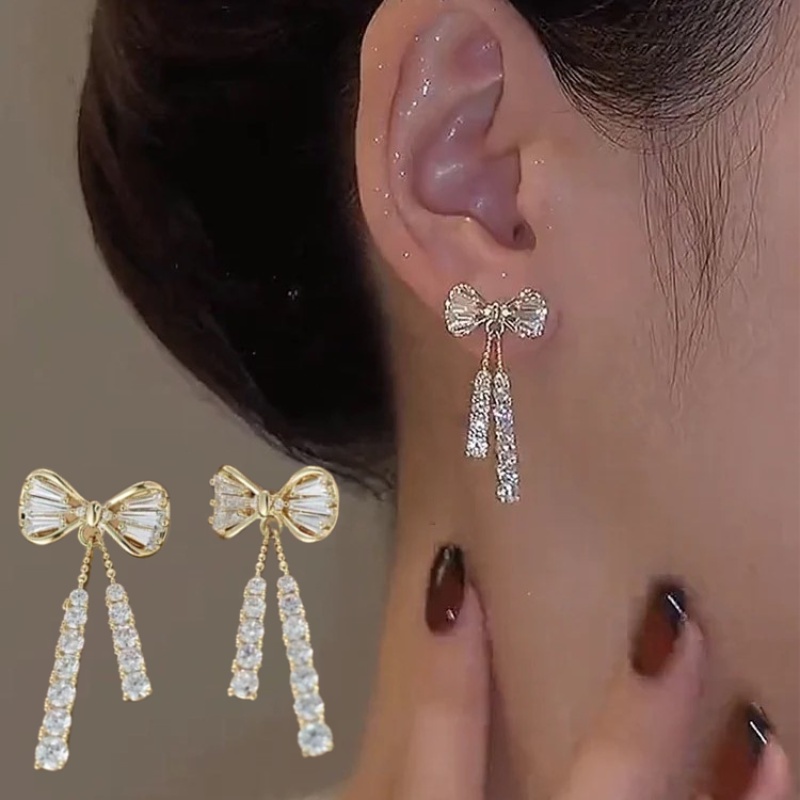 1 Đôi Bông Tai Dài Hình Nơ Tua Rua Đính Đá Zircon Màu Sắc Đơn Giản Dành Cho Nữ