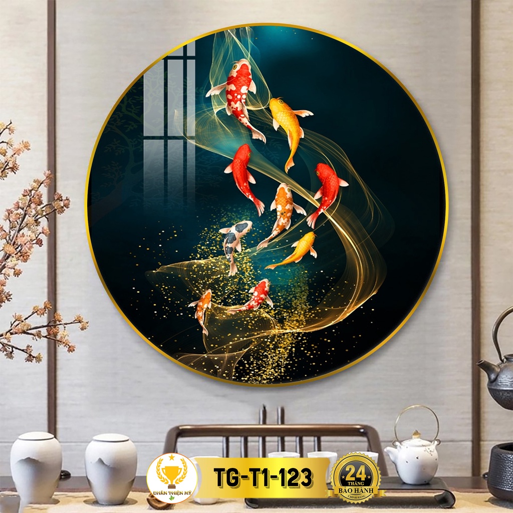 Tranh Tráng Gương Pha Lê Tròn CHÂN THIỆN MỸ, Decor Treo Tường Trang Trí Phòng Cửu Ngư Quần Hội TG-T1-123