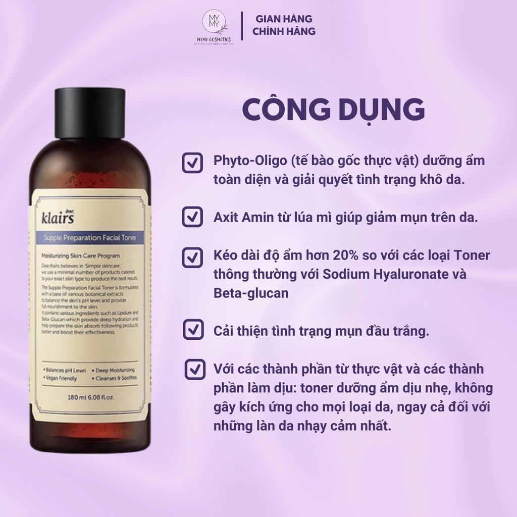 Nước Hoa Hồng Có Mùi Dear Klairs Supple Preparation Facial Giúp Da Mềm Mại Ẩm Mịn Tươi Sáng 180ml