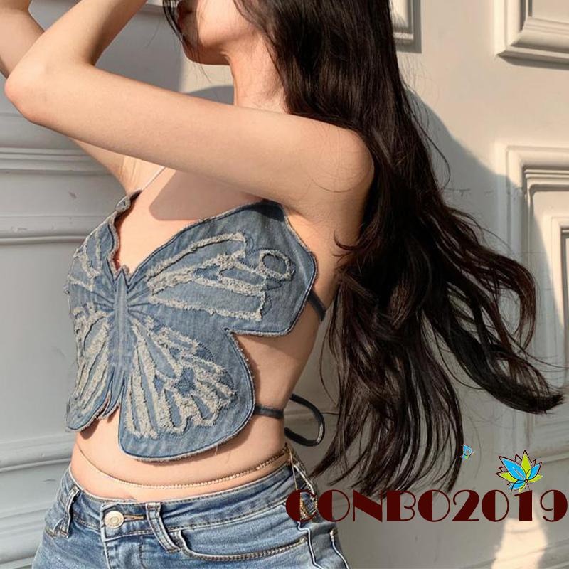 Áo Croptop Sát Nách Hở Lưng In Họa Tiết Bướm 3D Thời Trang Mùa Hè Cho Nữ