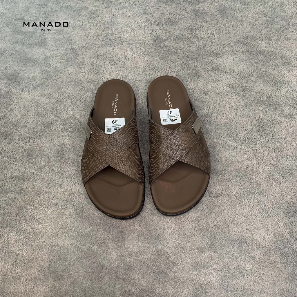 Dép da nam quai chéo cao cấp Manado Mã MND10 màu nâu fullbox, quai da mềm mại, đế cao su thiết kế chắc chắn