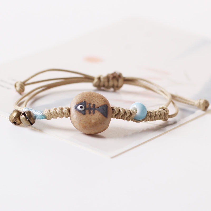 Vòng Tay Cặp Đôi Bằng Đất Sét Hình Mèo Và Xương Cá Trái Tim Handmade Xinh Xắn